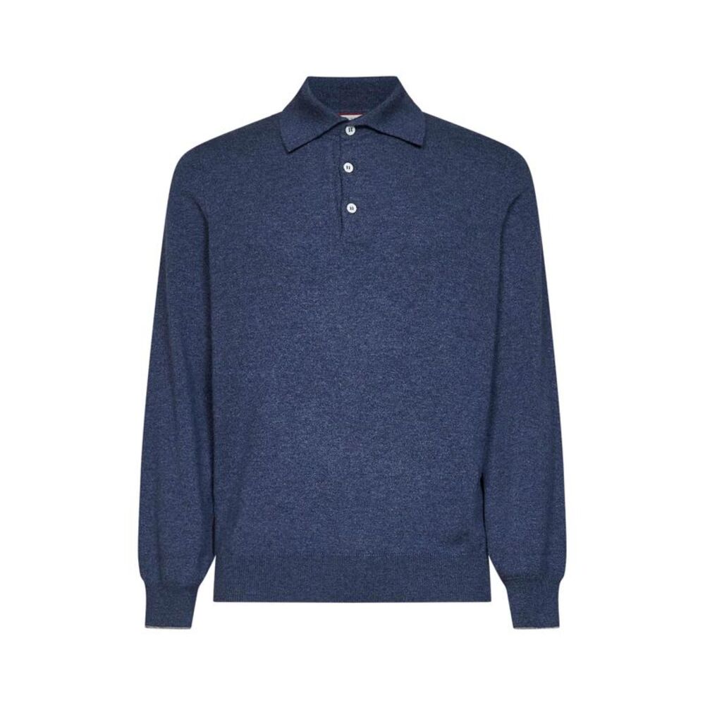 Brunello Cucinelli Men Denim Cashmere Knit Polo Shirt